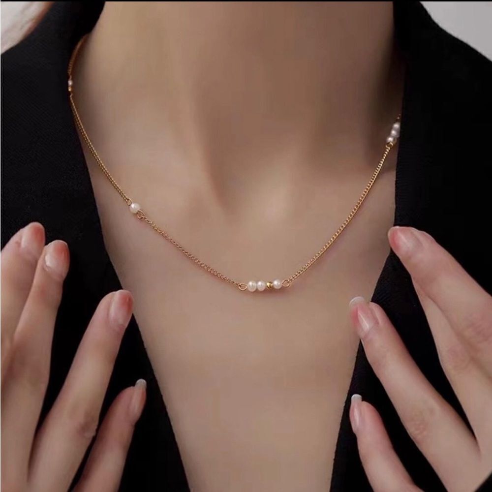 Dainty & Elegant Gold Pearl Station Necklace - Picture 2 of 6